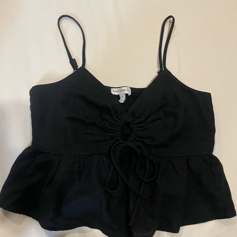 Black Ruched Peplum Cami Top with Adjustable Straps - Linen blend